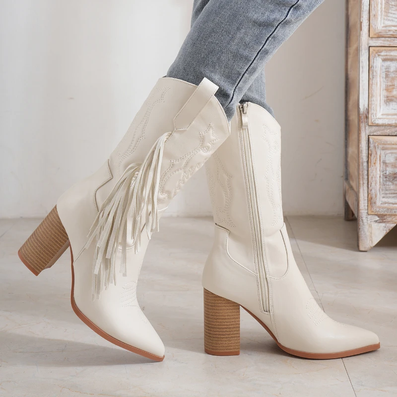 

New Autumn/Winter Pointed Mid Barrel Knight Boots Embroidered Tassel Boots White New Western Cowboy Boots