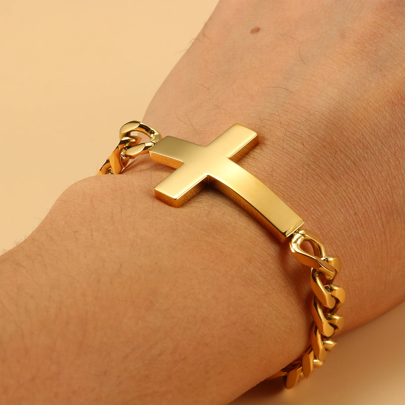 Men's Stainless Steel Gold Cuban Chain Jesus Cross Bracelet