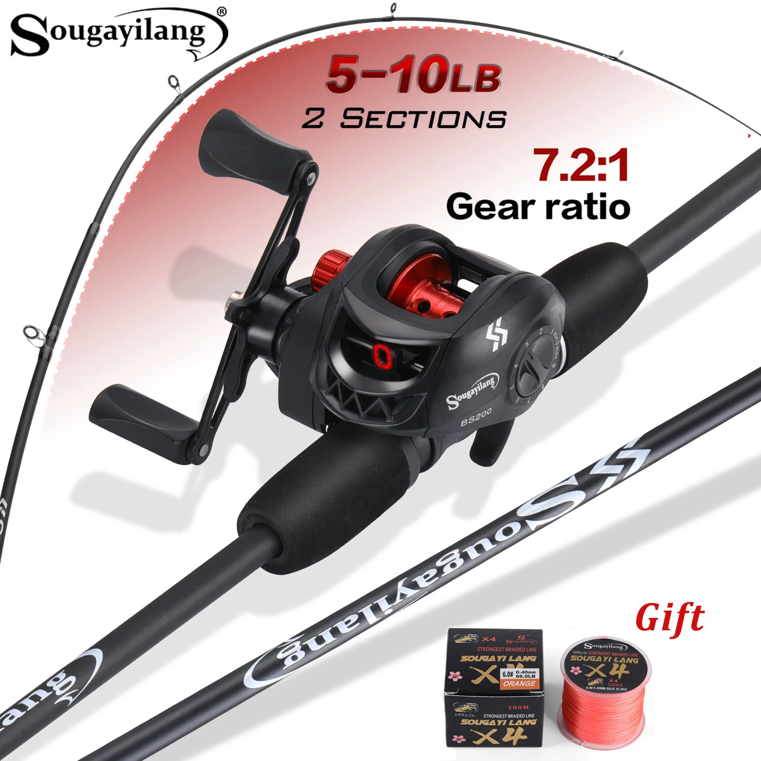 Sougayilang Carbon Rod & Baitcasting Reel Combo with Line 2