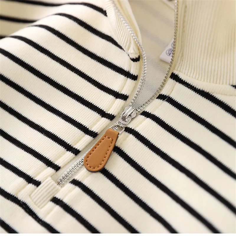 Children Stripes T-shirt Autumn Girls Pullover Tees Big Kids Clothing Lapel Zipper Tops Boys Sportswear Long Sleeved T-shirts 5