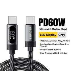 Essager 100W USB - C Fast Charging Cable with Digital Display - 1m (60W C To C Black)