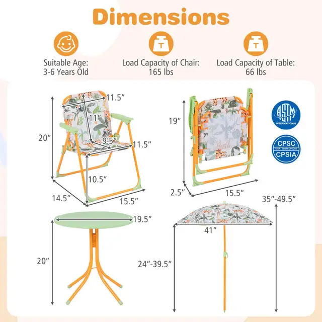 Kids Outdoor Table and Chair Set with 2 Folding Chairs and Height Adjustable Umbrella-Yellow