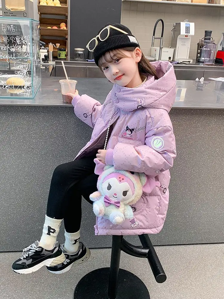 Down Jacket Children Jackets Girls Coat Teen Girls Sanrio Kuromi down Jacket Winter Fashion Children Hooded Velvet Thicken Windbreaker Coat Kids Clothers Outerwear
