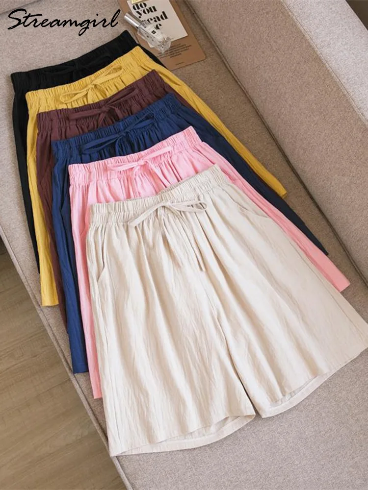 Short Ample élastique Short D'été Femme En Lin - Longueur Genou, Jambe Large - Taille élastique Avec Poches - Décontracté Plage Vacances Short Lin Femme été
