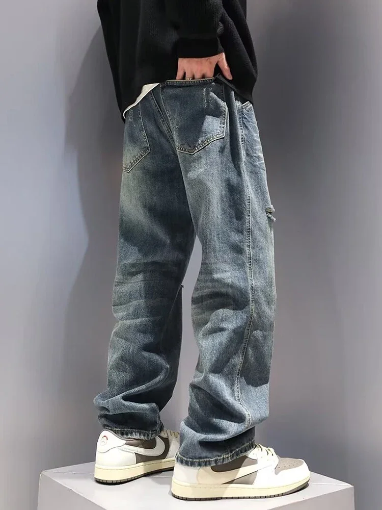 Men's Baggy Ripped Jeans Fashion Hip Hop Hole Streetwear Distressed Washed Trousers Straight Loose American Denim Pants For ripped jeans ripped patchwork jeans