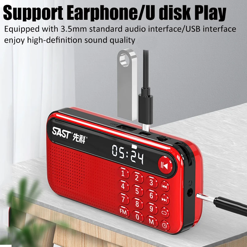 Portable FM Radio Mini Radios Receiver Built-in Powerful Speaker with LED Time Display USB/TF Card Music Player Power off Memory