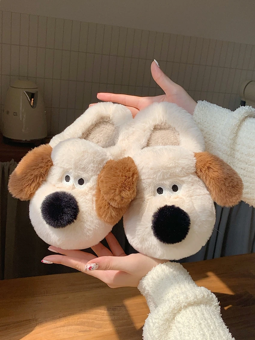 Cute Puppy Cotton Slippers For Men And Women Plush Home Slipper Interior Insulation Ins Cartoon Palm Dog Parent-child Slippers
