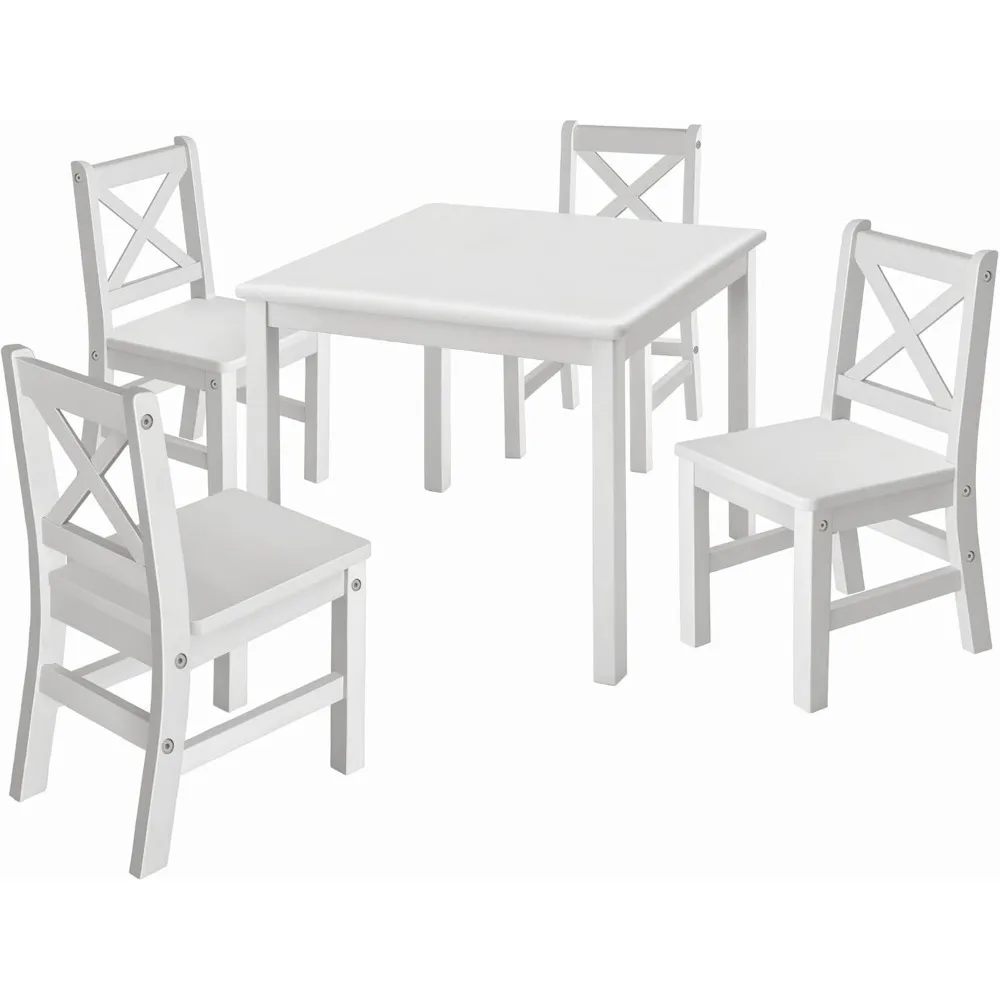 Solid Hard Wood Kids Table and Chair Set (4 Chairs Included), White, 5 Piece Set 2