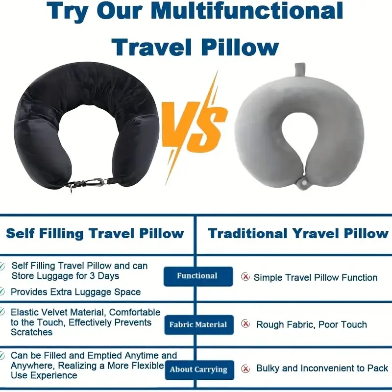 Travel Neck Pillow with Fillable Clothing U-Shaped Pillowcase, Extra Storage Bag, Soft Fleece Material Velvet Neck Pillow