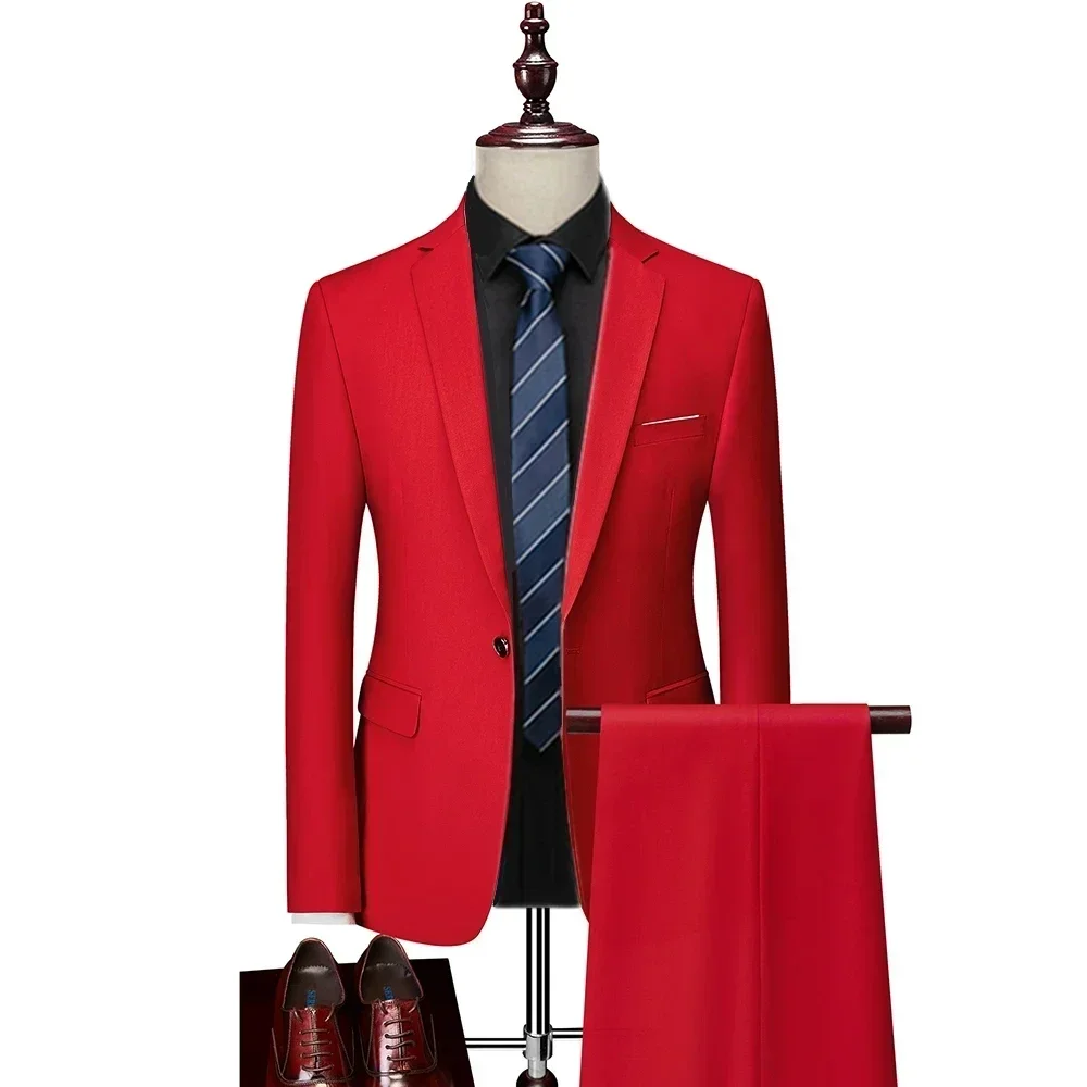 Spring Autumn Fashion New Men's Business Casual Solid Color Suits / Male One Button Blazers Jacker Coat Trousers Pants
