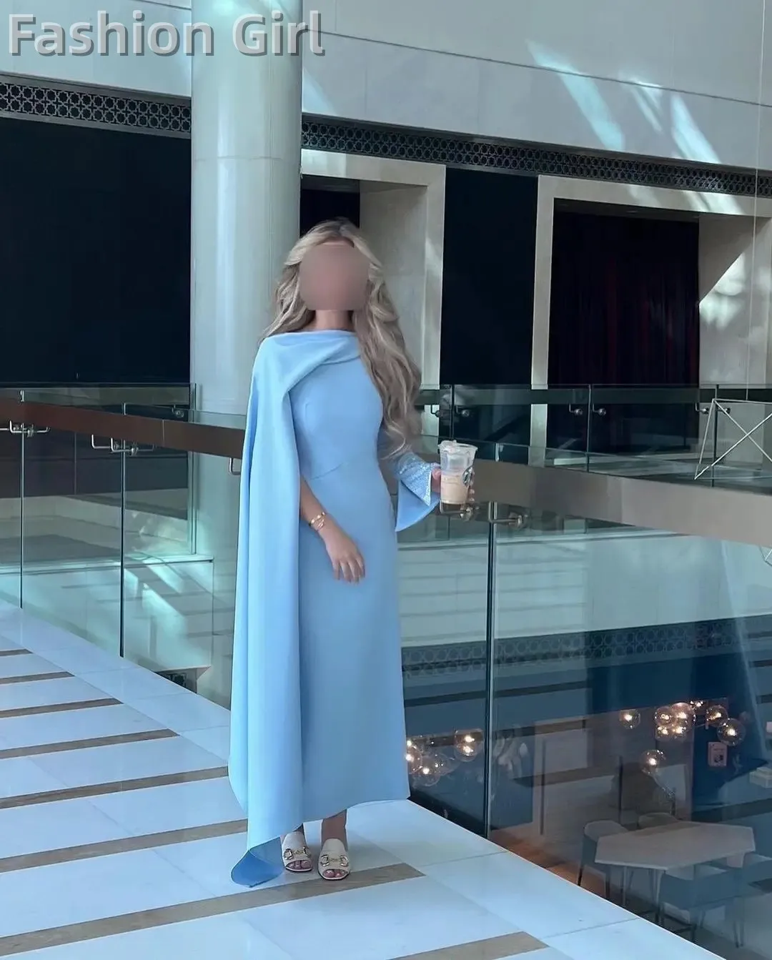 

Mermaid Light Sky Blue Satin Prom Dresses Long Sleeve Beadings Ankle Length Formal Occasion Dress Evening Dress 2023