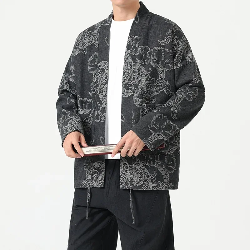 Fashionable Men's Chinese Style Dragon Pattern Denim Tang Suit Casual Leisure Suit Autumn Winter Streetwear