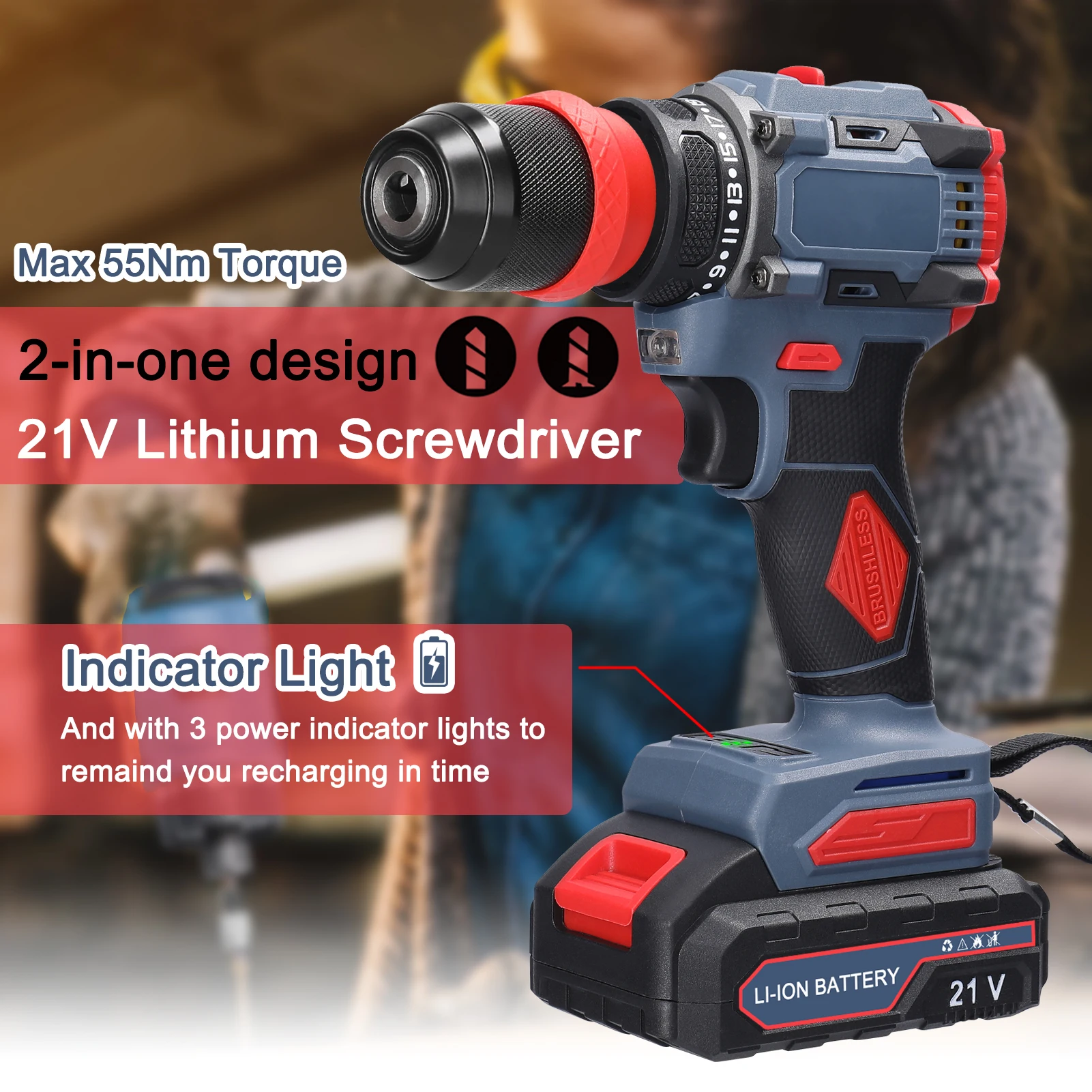 21v 2 in1 Lithium bohrer Elektro schrauber Multifunktions-Elektro werkzeug 55nm Drehmoment bürstenloser Motor praktische Schrauben dreher Reparatur – Detail 2