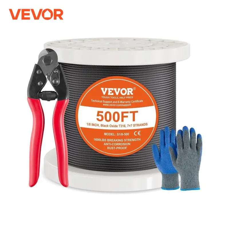 VEVOR 7x7 Strands Wire Rope Kit 1/8" 500ft 316 Stainless Steel Cable with Cutter & Gloves Core Marine for Handrail Stair Decking