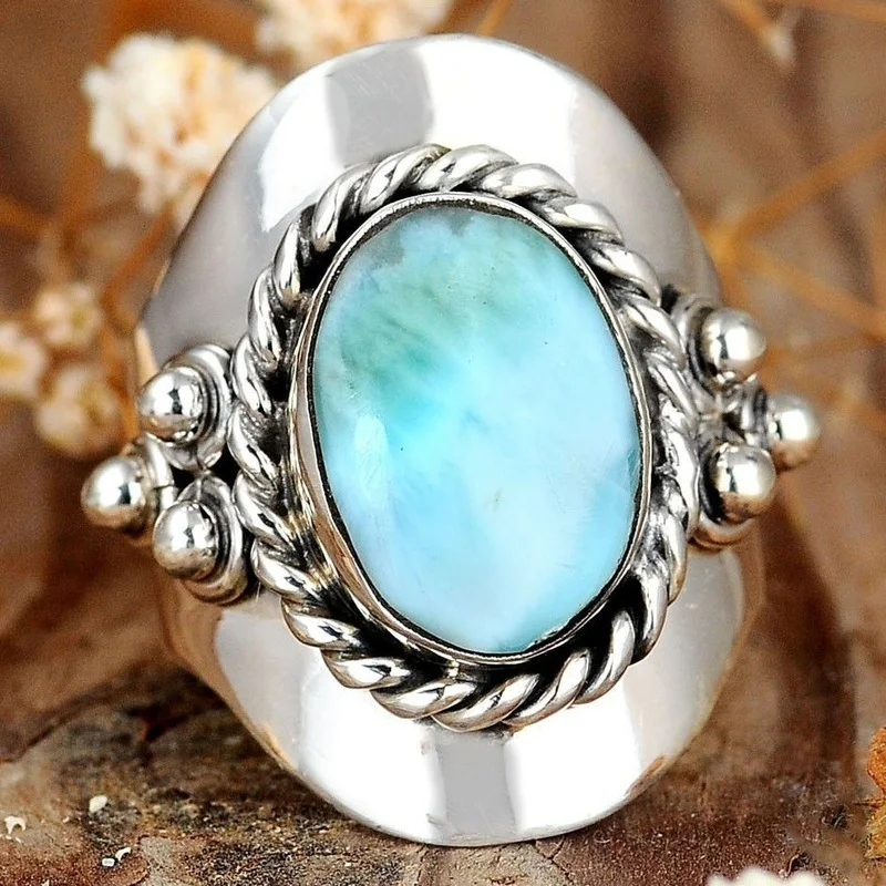 

Кольцо с ларимаром Boho Blue Stone Statement ручной работы, размер 5-12