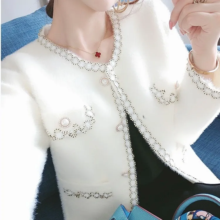 

2023 Fashion Lace Coat for Women's Early Autumn New Top High Grade Mink Fleece Cardigan Short Top for Women's Wear