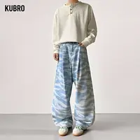 Autumn New Men's Causal Jeans Wave Pattern Blue Camouflage Baggy Versatile Classic Straight Pants Y2k Fashion Retro Denim Pants