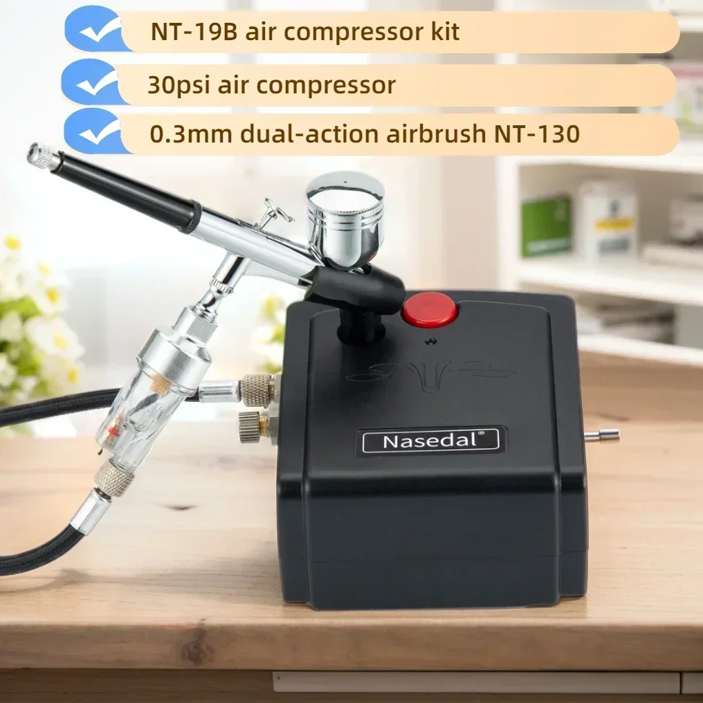Nasedal NT-19 Dual-Action Airbrush Compressor Kit 0.3mm Airbrush Spray Gun for Nail Airbrush Model Cake Car Fish Shoes Painting 2