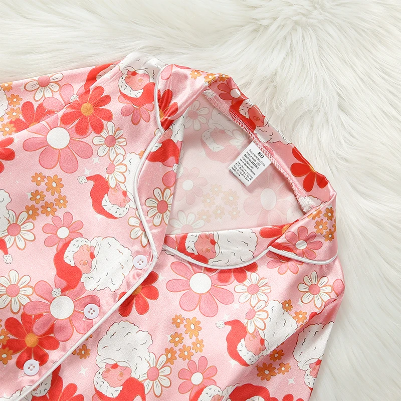 Cute Toddler Girl Christmas Pajamas Set with Cartoon Santa and Flower Print Long-Sleeved Lapel Tops and Elastic Waist Trousers 5