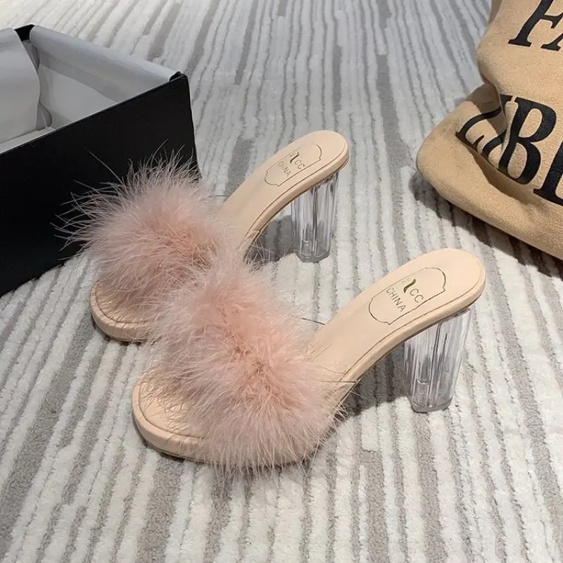 NEW Summer Woman Pumps Transparent Feather Perspex Crystal High Heels Fur Peep Toe Mules Slippers Ladies Slides Sexy Shoes New