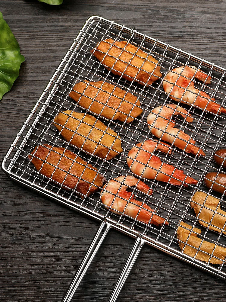 Grill Replacement Parts Square Folding Stainless Steel Nonstick BBQ Net Mesh Detachable Barbecue Grill Basket for Fish Wings Vegetables with Handle
