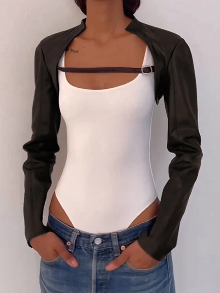 

Женская винтажная кожаная куртка, коричневый Кардиган с длинным рукавом, Свободный укороченный жакет в стиле Харадзюку, Корейская одежда, y2k