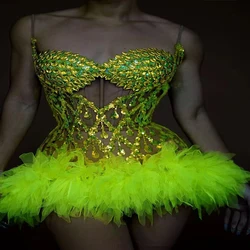 Green Crystal Dress sexy top and skirt sets dance mesh pearl birthday party nightclub drag queen costumes performance stage