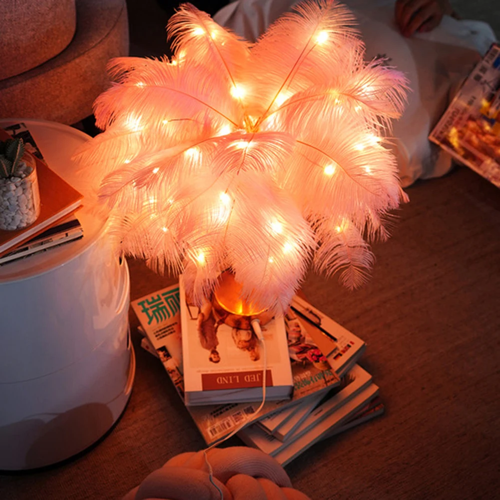 LED Feather Bedside Table Lamp led bedside lamp Bedside Bedroom Desktop Nightstand Decoration Hotel Living Room USB Three-Color Night Light