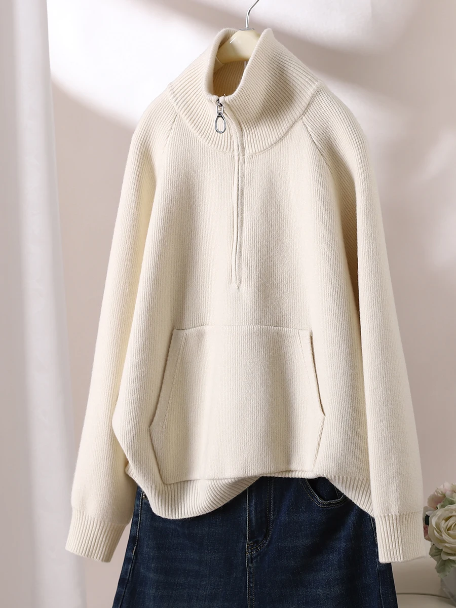 

Winter New Women's Solid Color Standing Neck Zipper Pullover Sweater Knitwear Simple Loose Relaxed Korean Edition Sweater