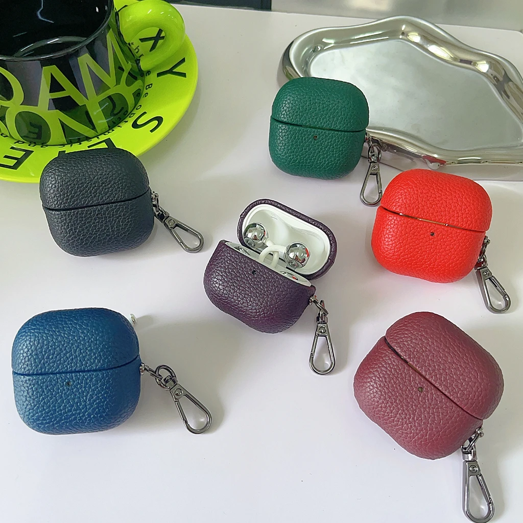 Vintage Premium Lychee Texture PU Leather Earphone Cover Case with Hook in Multiple Colors