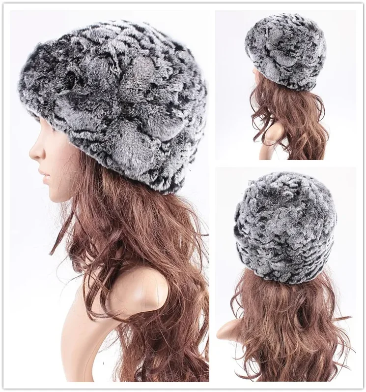 Natürliche Rex-Kaninchenfell-Strickmütze mit individuellem Blumenmuster, warme modische Pelz-Wintermütze für Damen, Herbst-Accessoire – Detail 12