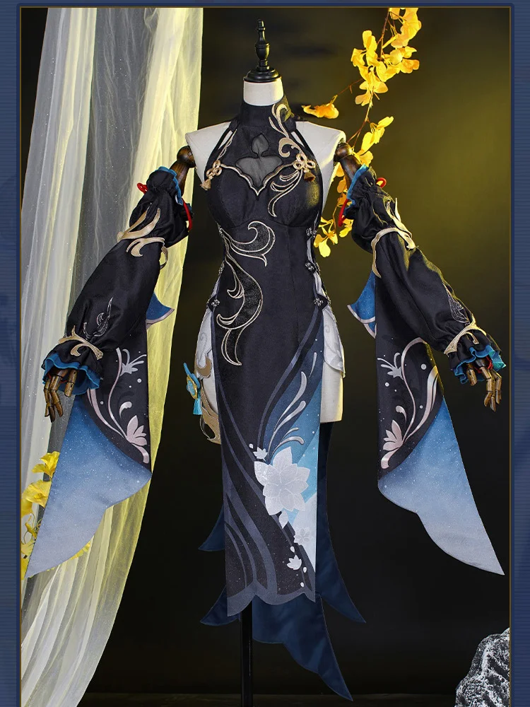 

The Game Genshin Impact Shenhe Cosplay Costume Sexy Black Sea Lantern Festival Dress cheongsam Female outfit B