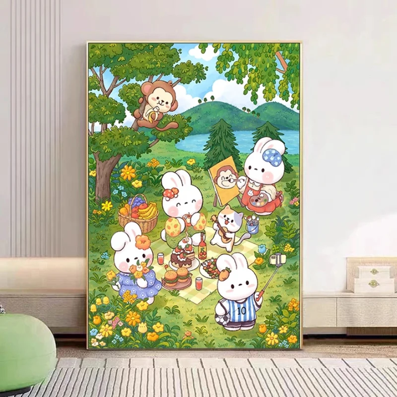 Picnic Rabbits 9CT Needlework,DIY Cross Stitch Set Full Embroidery Kit, Printed Cross-stitch Gift, Home Wall Decor New 65x90cm