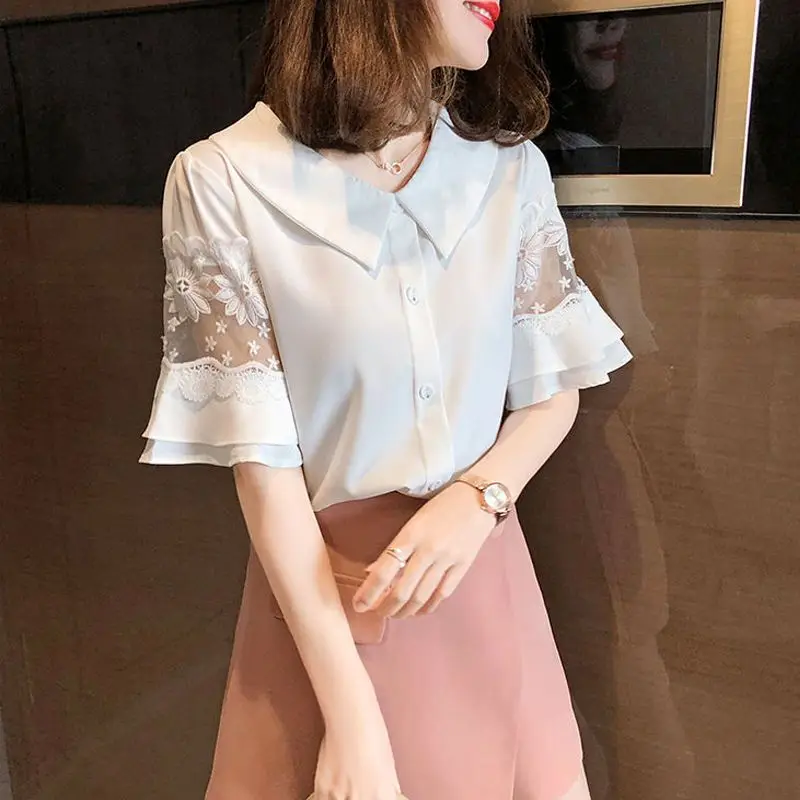 Women's Mesh Lace Patchwork Elegant Sweet Button Up Shirt Summer Fashion Solid Short Sleeve Blouse Chic Fairy Tops Female Blusas