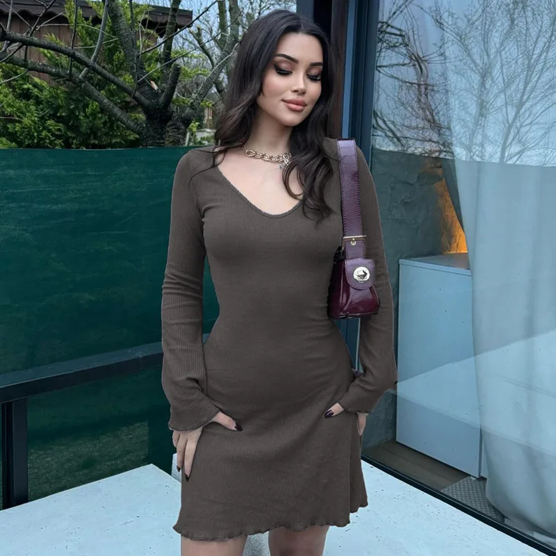 Minivestidos lisos de canalé con cuello redondo y manga larga, ropa de calle Y2K, venta al por mayor, elegante atuendo informal de verano para mujer