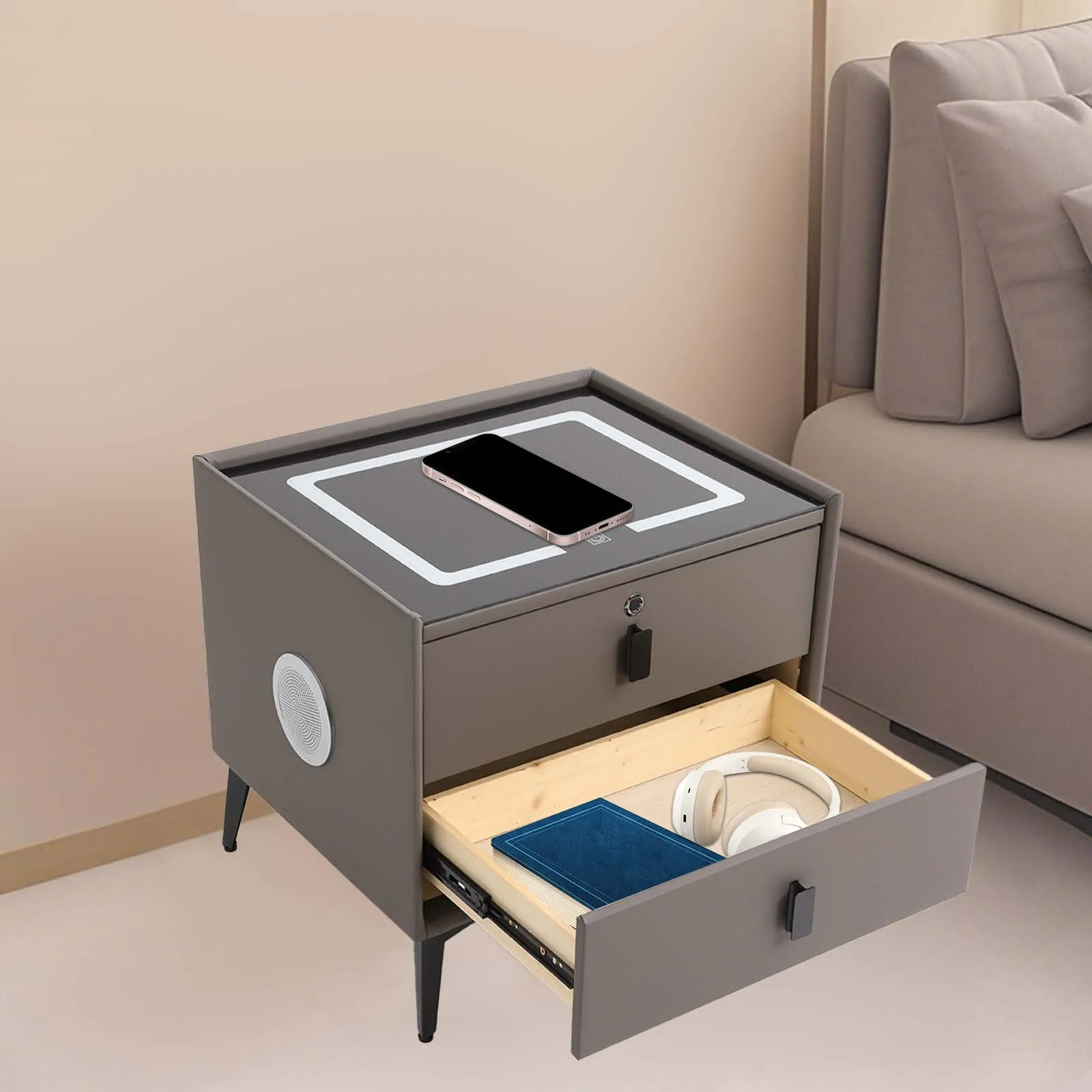 Bedside Table with Drawers Bluetooth Speaker Smart Bedside Table with Light USB& Wireless Charging Nightstands Set