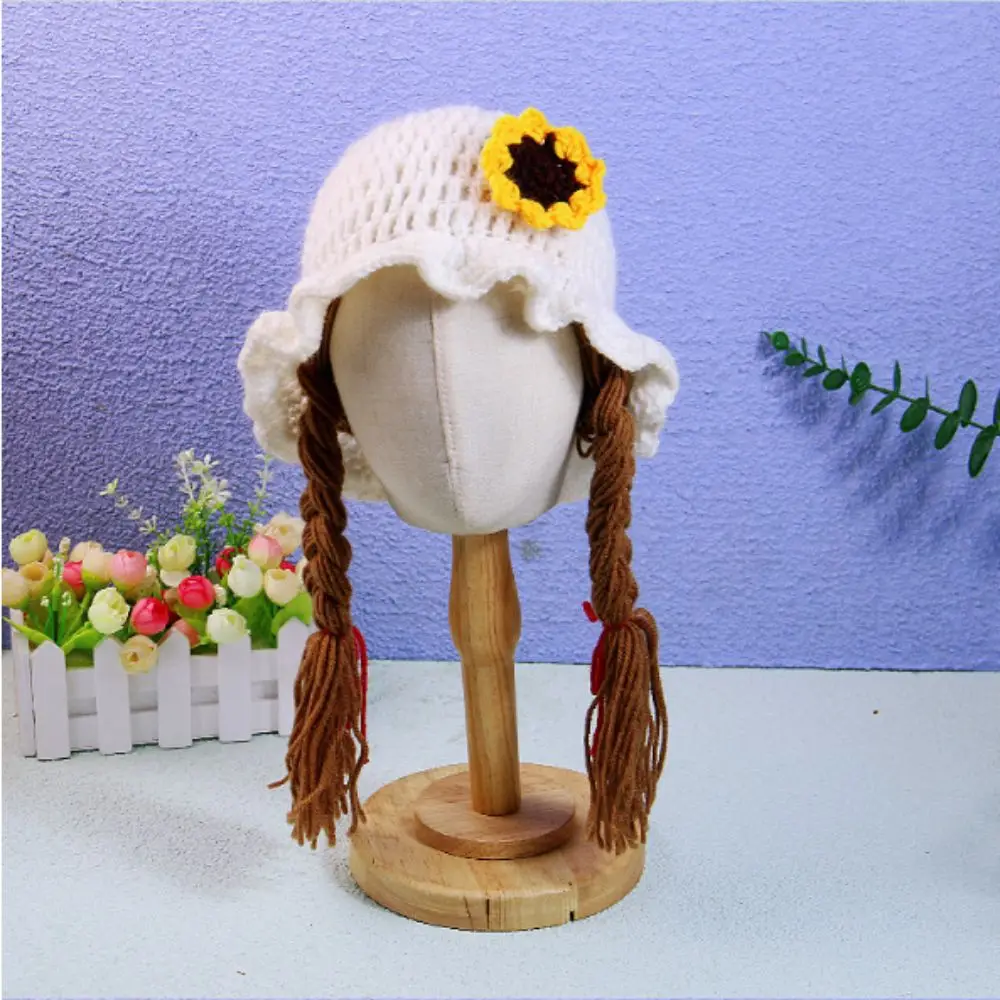 Pink Bow Wool Cap Handmade Knitted With Plaits Handmade Braided Earflap Girls Style Braided Design Crochet Hat Caps Photoshoot