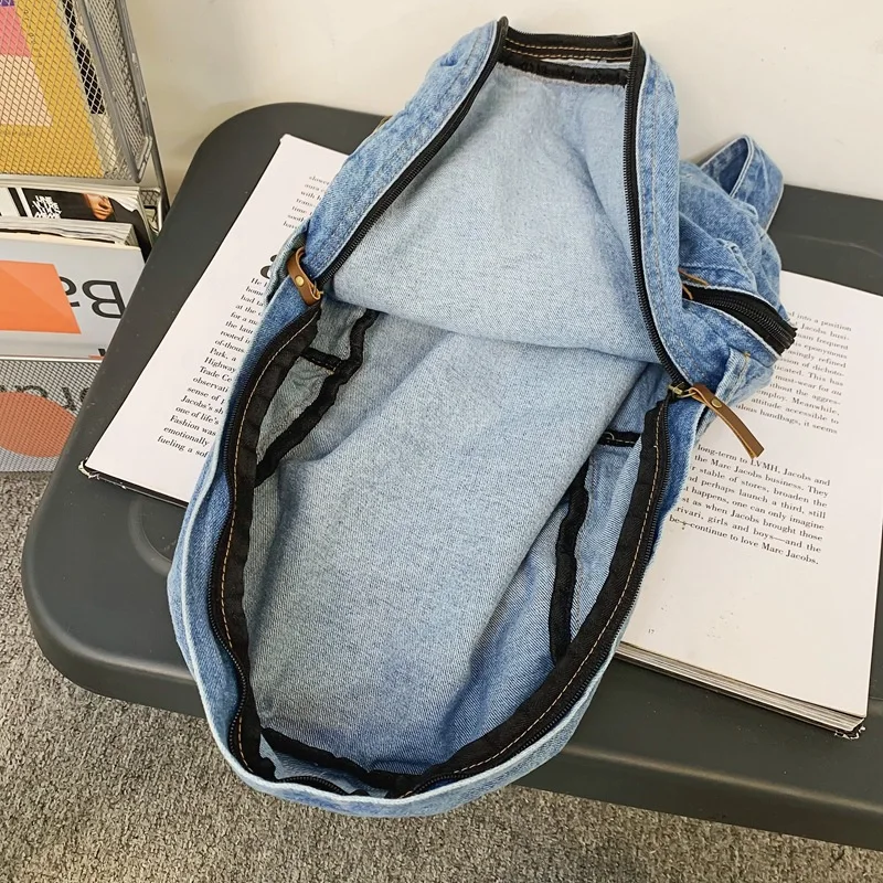 Denim school backpack view 3