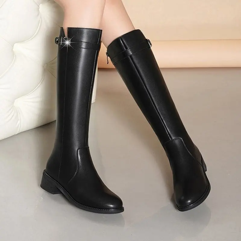 Women Knee-high Boots Genuine Leather Natural Leather Ladies Bootie Autumn and Winter Boots Goth Shoes Fashion Casual Plus Size