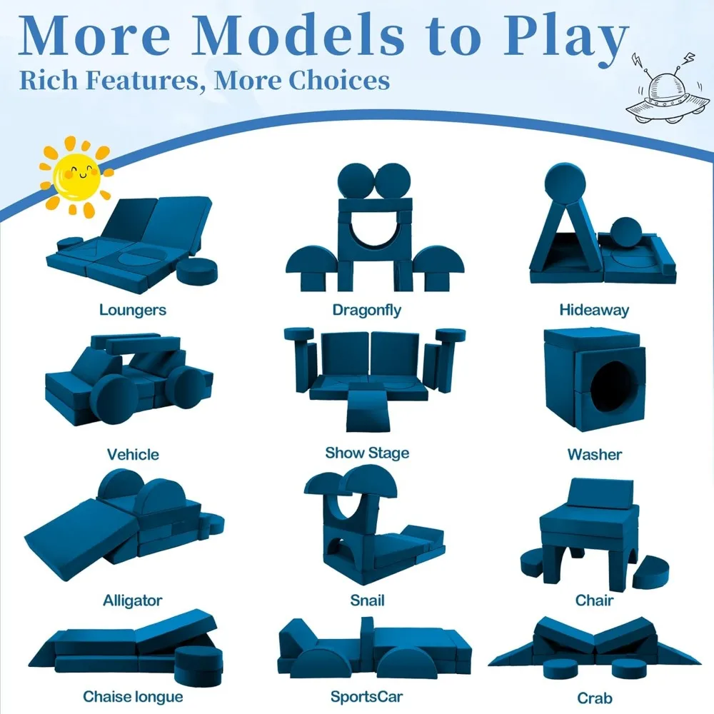 18pcs Children Couches Building Fort, Convertible Foam Playing Cushion Creative Playroom Floor Furniture for Baby 1-3 Play Set 5