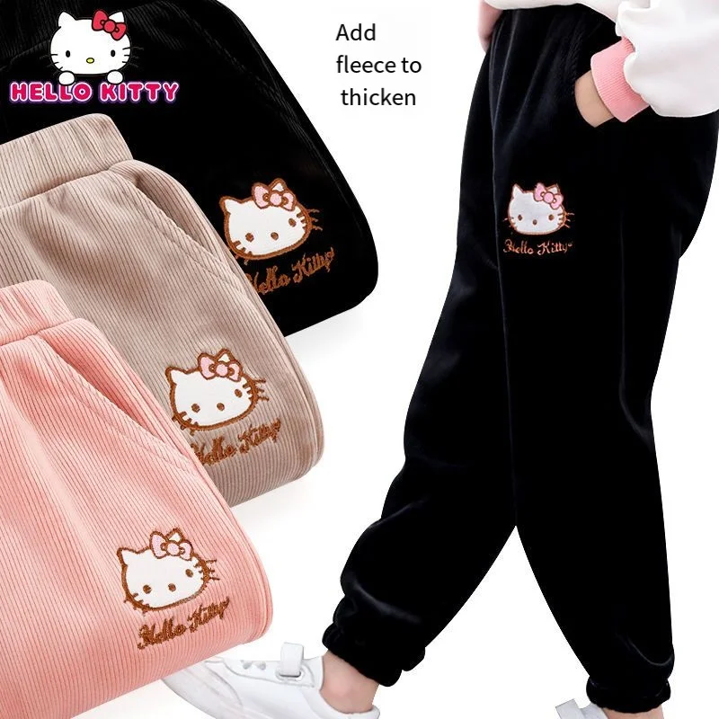 

Sanrio Hello Kitty Child Casual Pants Outdoor Winter Autumn Thicken Plus Velvet Western Style Cartoon Keep Warm Loose Bound Feet