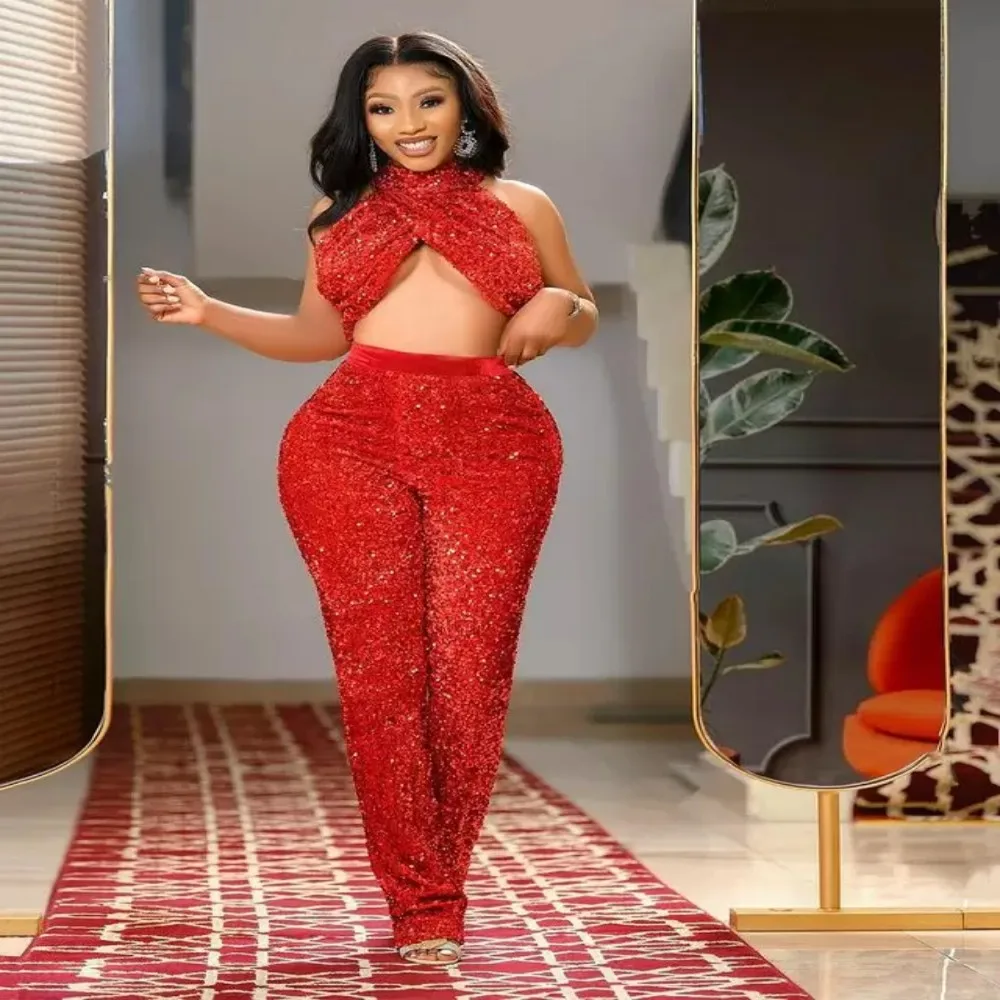 

2023 Plus Size Arabic Aso Ebi Red Sequined Jumpsuits Prom Dresses High Neck Backless Evening Formal Party Two Pieces Gowns