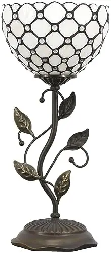 

Tiffany 8" Stained Glass Fish Scales Style Shade 19" Tall Antique Vintage Metal Leaf Base Mini Bedside Accent Desk Torc