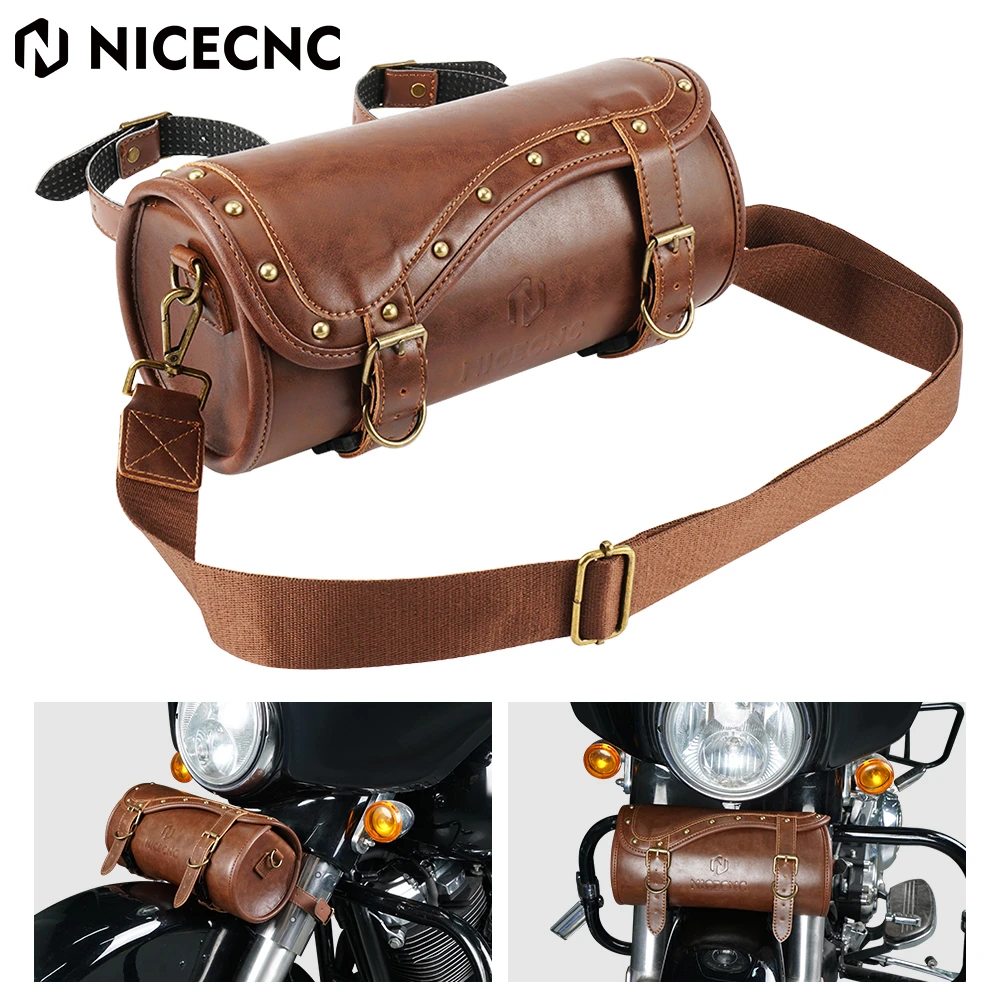 NICECNC Leather Motorcycle Front Fork Bag PU Vintage Crazy Horse Lines Upgraded Handlebar