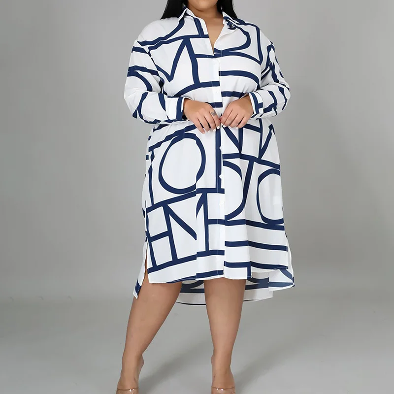 Plus Size Clothes Women Spring Geometric Print Long Sleeve Shirt Skirt Simplicity Fashion Turn-down Collar Loose Irregular Dress