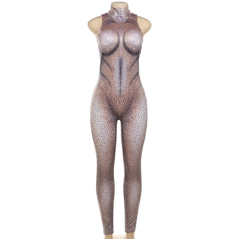 Women Fashion 3D Body Print Bodycon Jumpsuit Spring 2024 Turtleneck Sleeveless Sexy Club Hipster Streetwear Y2k Skinny Rompers