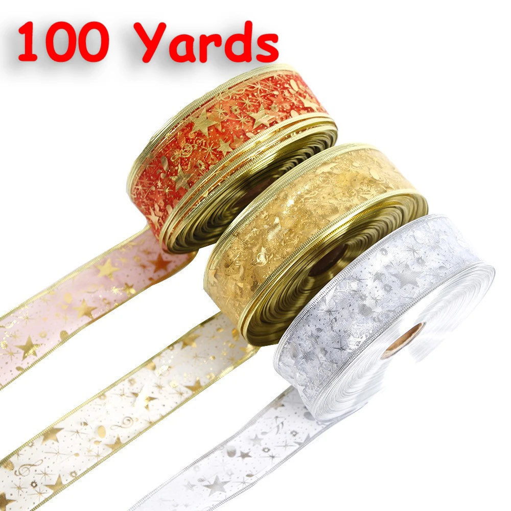 

100 Yards 5cm Christmas Double Foil Ribbon DIY Ribbon Gift Box Bow Bouquet Packaging Ribbon Dropshipping Xmas Tree Dcor Ribbon