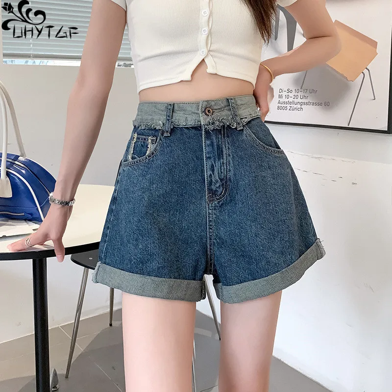 

UHYTGF Denim Shorts For Women's Summer New Fashion Vintage Raw Edge Patchwork Pocket Rolled Edge Streetwear Female Jeans Shorts