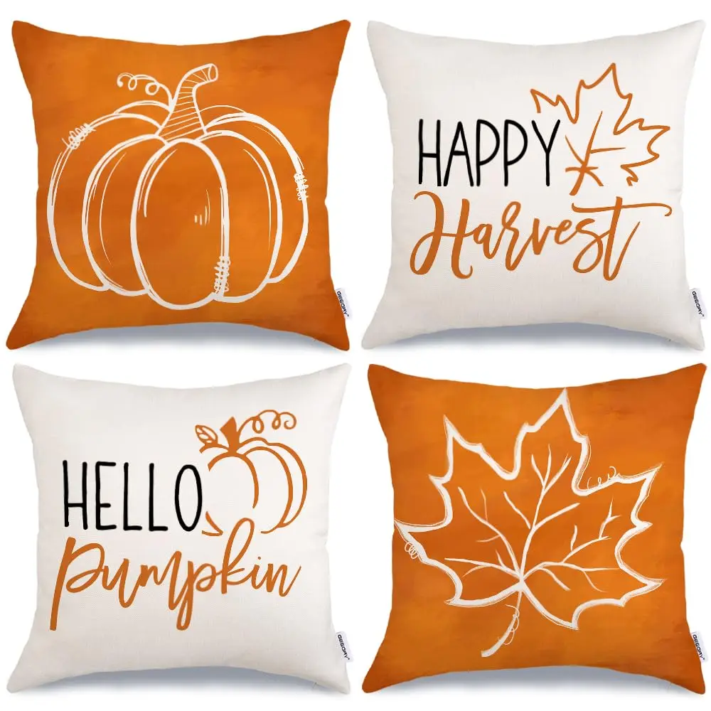 Fall Pillow Covers 18x18 Set of 4 Pumpkin Maple Leaves Happy Harvest  Throw Pillows Thanksgiving Decor Autumn Cushion Case