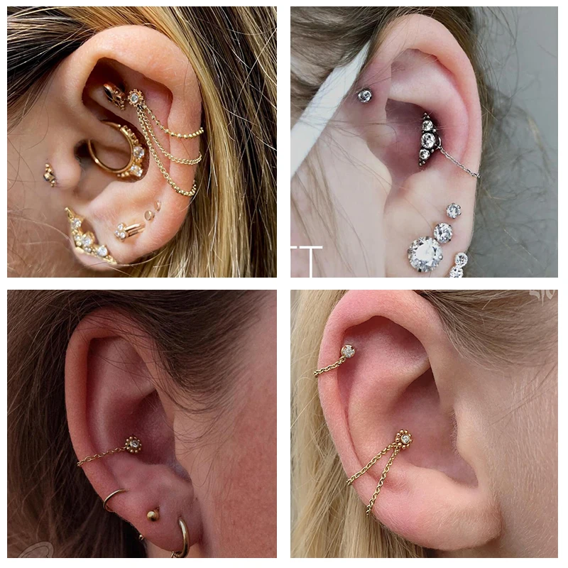 AOEDEJ 9PC 16G Chain Piercing Jewelry Helix Conch Cartilage Piercings Gold Plated Earring Tassel Jewelry Earring Decorate Chains 6